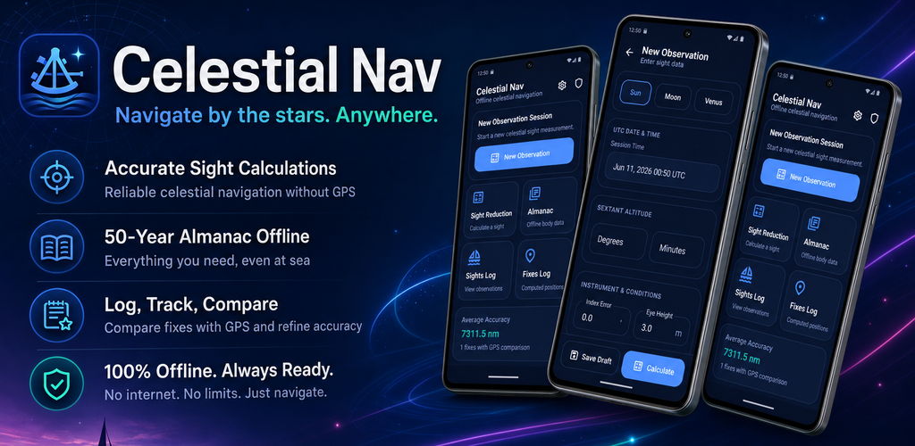 Celestial Nav promotional banner with navigation features and app screens