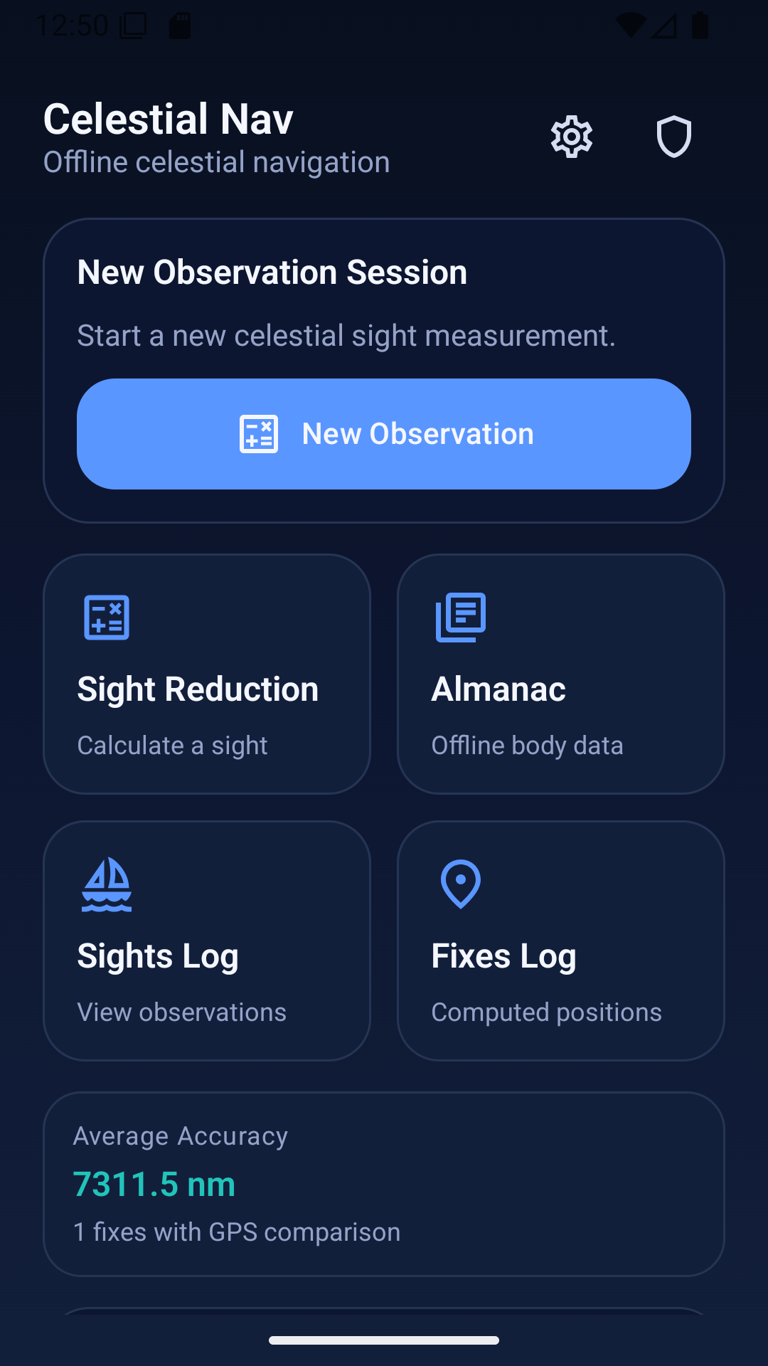 Celestial Nav home dashboard screenshot