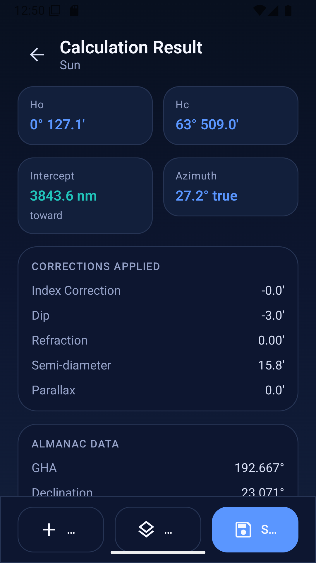 Celestial Nav calculation result screen screenshot